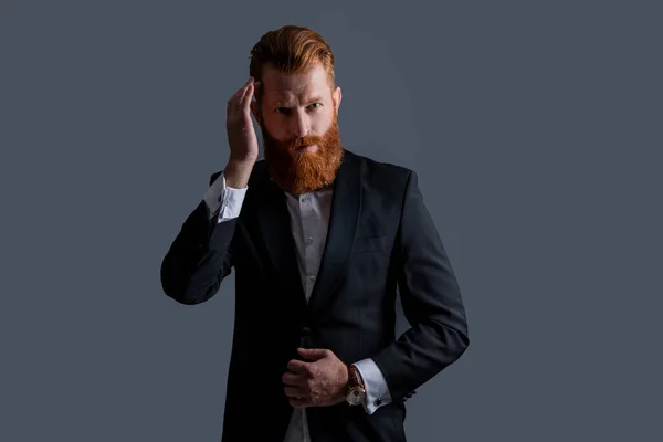 Unshaven Man Wearing Tux Formalwear Touch Hair Tux Formalwear Bearded — Stock Photo, Image