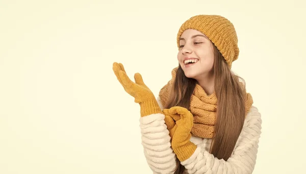 Happy Child Knitted Hat Scarf Gloves Warm Clothes Isolated White — Stock Photo, Image