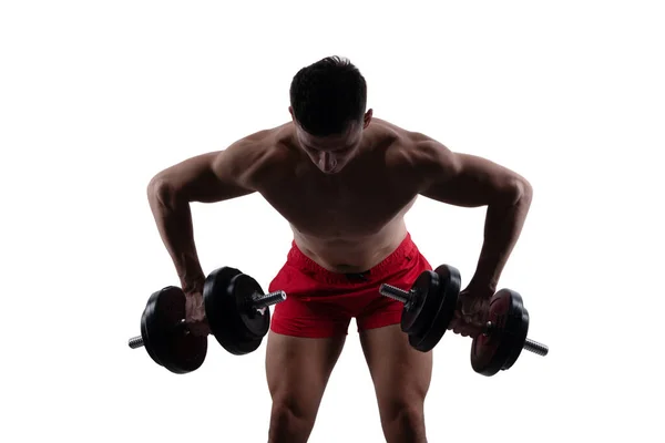 Hombre Musculoso Con Mancuerna Gimnasio Hacer Deporte Levantamiento Pesas Para — Foto de Stock