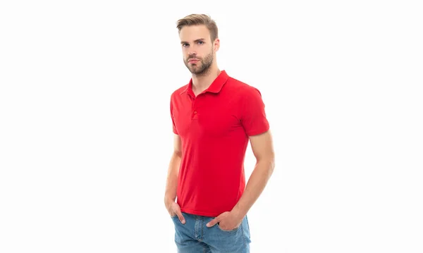 Jongeman Met Stoppels Rood Shirt Een Jongeman Met Een Rood — Stockfoto