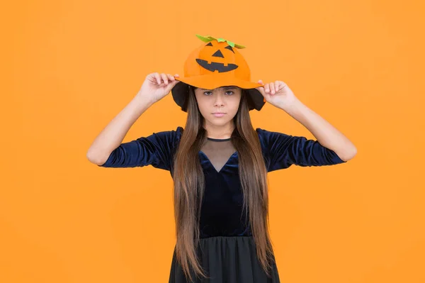 Serious Girl Wear Pumpkin Hat Halloween Costume Party Celebration Autumn — Stock Photo, Image
