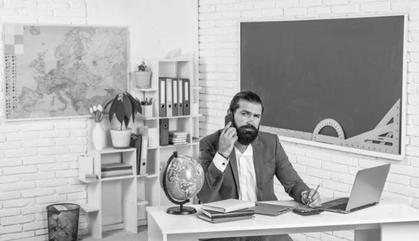 Handsome Lecturer Teacher Confident Look Phone Chalkboard Classroom Modern Technology — Stock Photo, Image