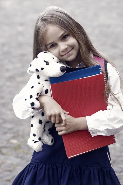 Pflege Und Vertrauen Vorschulkinder Umarmen Spielzeughund Zurück Zum Schulbedarf Vorschulerziehung — Stockfoto