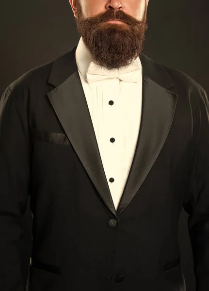 Cropped Bearded Businessman Tuxedo Black Background Formalwear — стоковое фото