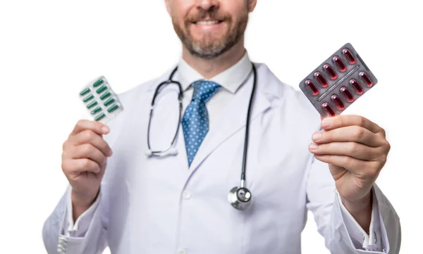 Droga Com Comprimidos Farmacêutico Toma Comprimidos Medicação Nas Mãos Farmacêutico — Fotografia de Stock