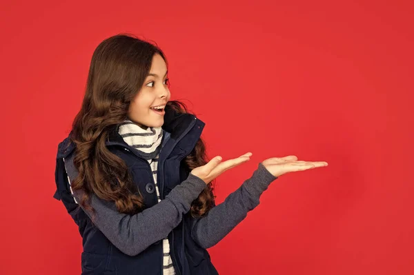 表达积极的情感 冬季时尚 展示产品 穿着宽松背心 卷曲头发的孩子震惊了 红底少女 穿着保暖衣服的孩子的肖像 — 图库照片