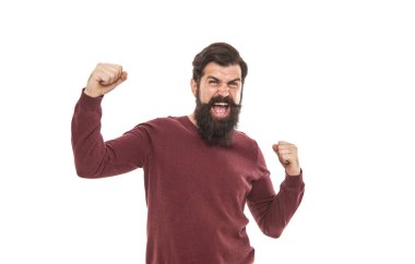 Başarı ve memnuniyet. Mutluluk ve neşe. Neşeli adam kutluyor. Tatil kutlaması. Samimi, mutlu bir ifade. Sakallı adam mutluluğu hisset. Kazanan konsept. Kişisel bir başarı. Mutlu gururlu adam.