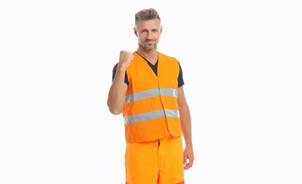 Ouvrier Réussi Uniforme Orange Travailleur Homme Portant Gilet Réfléchissant Travail — Photo