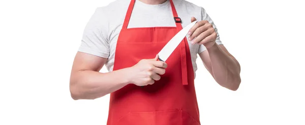 Vista Ritagliata Chef Grembiule Rosso Tenere Coltello Isolato Sfondo Bianco — Foto Stock