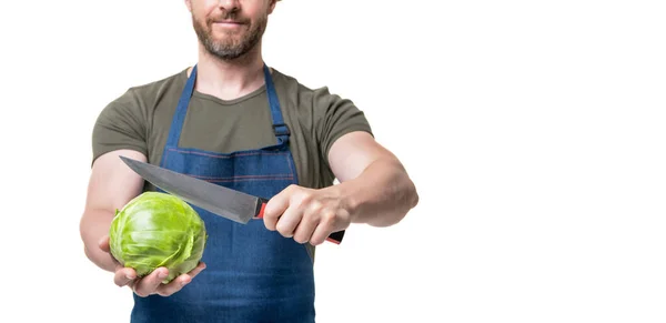 Man Apron Cut Cabbage Isolated White Cropped View — Stock Photo, Image