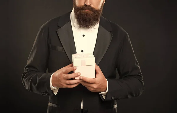 Cropped Man Tuxedo Bow Tie Formalwear Black Background Box Shopping — Stockfoto