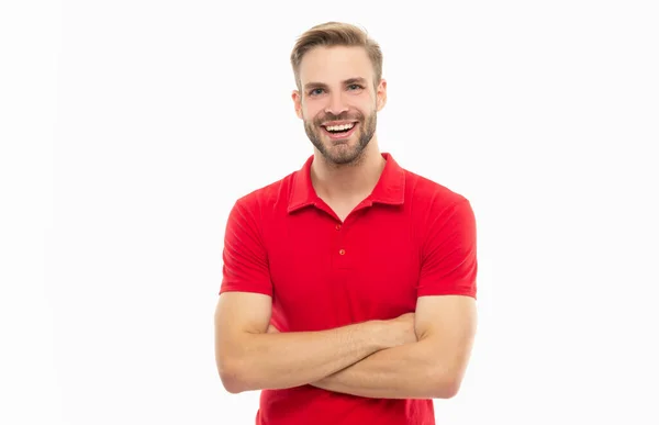 Glad Unshaven Guy Stubble Red Shirt Stubble Guy Wearing Red — Stock Photo, Image