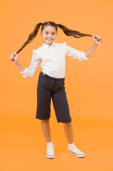 Playing Hair Schoolgirl Happy Smiling Pupil Long Hair Beginning Academic — Stock Photo, Image