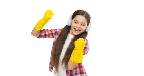 Schoonmaakmiddelen Kleine Meisjes Oortjes Gele Rubberen Handschoenen Gelukkig Schoonmaken Zondag — Stockfoto