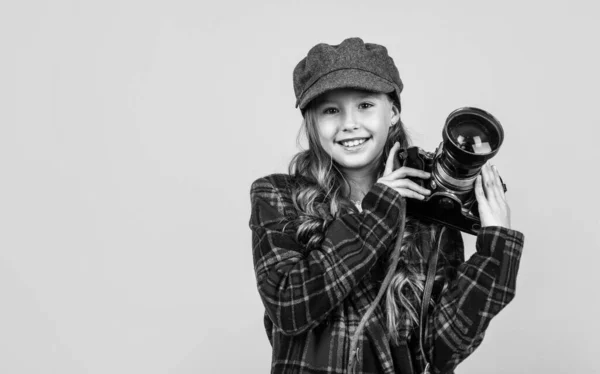 Teen Girl Fotografo Giacca Scacchi Infanzia Felice Bellezza Moda Bambino — Foto Stock