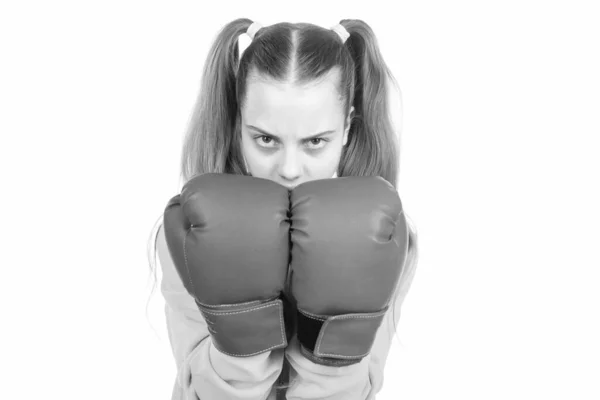 Concentrated Kid Punching Fist Fight Teen Girl Boxing Gloves Angry — Stock Photo, Image