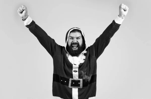 Gott Nytt God Jul Glada Skäggiga Man Tomtedräkt Brutal Hipster — Stockfoto