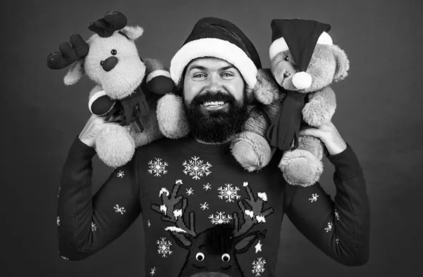 Heureux Homme Barbu Costume Père Noël Célébrer Vacances Hiver Noël — Photo