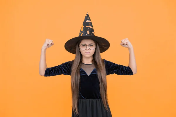 Unhappy Girl Ready Celebrate Costume Party Fun Happy Halloween Powerful — Stock Photo, Image