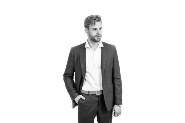 Säker Framgångsrik Man Affärsman Affärsmässiga Kostym Isolerad Vit Formalwear — Stockfoto