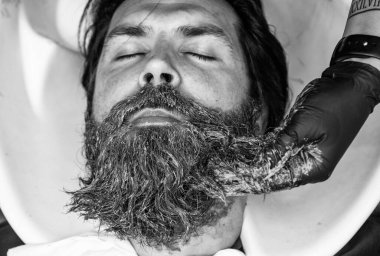 barbershop washbasin. male trendy hairdo. perfect haircut. barber master cut hair. mature hipster with beard at hairdresser. hipster with moustache wash hair before new hairstyle. beard grooming.