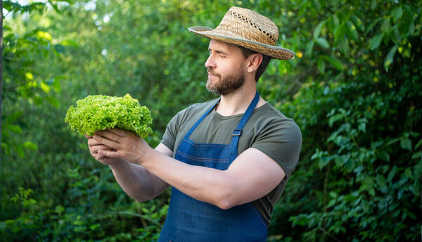 крестьянин в соломенной шляпе с листьями салата.
