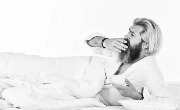 Handsome Man Drink Coffee Mature Bearded Man Bed Enjoy Morning — Foto Stock