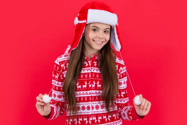 Feliz Natal Feliz Menina Adolescente Vermelho Xmas Chapéu Papai Noel — Fotografia de Stock