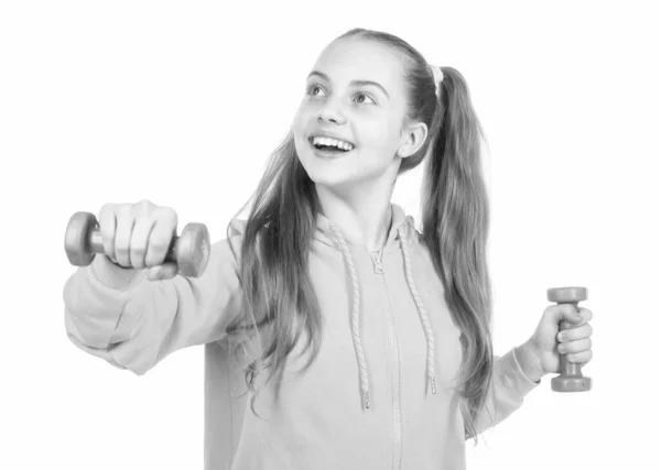 Roligt Bestämmande Glad Tonårstjej Med Hantel Idrott Och Fitness Barnträning — Stockfoto