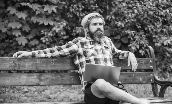 Developing new approaches. go shopping on cyber monday. bearded man sit with laptop. online distant education. hipster inspired to work in park. agile business. mature student working on computer.