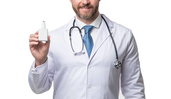 Medicação Nasal Visão Recortada Médico Segurar Gota Nasal Homem Com — Fotografia de Stock