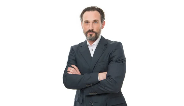 Portret Van Zelfverzekerde Grizzled Serieuze Zakenman Zakenman Ceo Houden Armen — Stockfoto