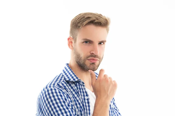 Charismatischer Unrasierter Mann Karierten Hemd Unrasierte Männerhaut Studioaufnahme Eines Unrasierten — Stockfoto