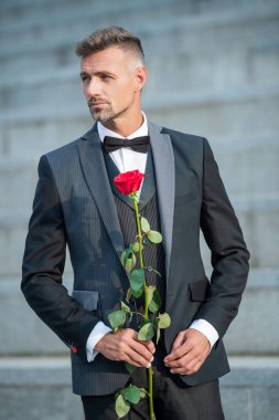 Özel durum konsepti. Özel durumlar için gül taşıyan zarif bir adam. Smokinci özel bir gün için dışarı çıktı..