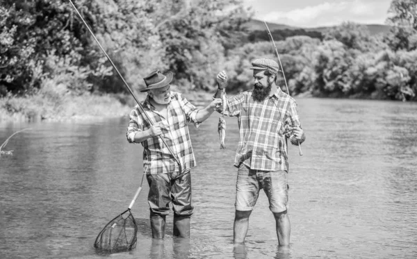 Mature Man Friend Fishing Sport Obsession Bearded Men Catching Fish — Stock Photo, Image