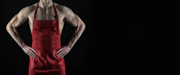 Hombre Musculoso Deporte Chef Delantal Aislado Sobre Fondo Negro Pancarta — Foto de Stock