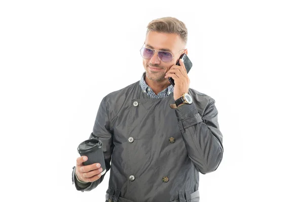 Feliz Hombre Negocios Sonriente Empresario Gerente Abrigo Formal Utilizando Teléfono — Foto de Stock