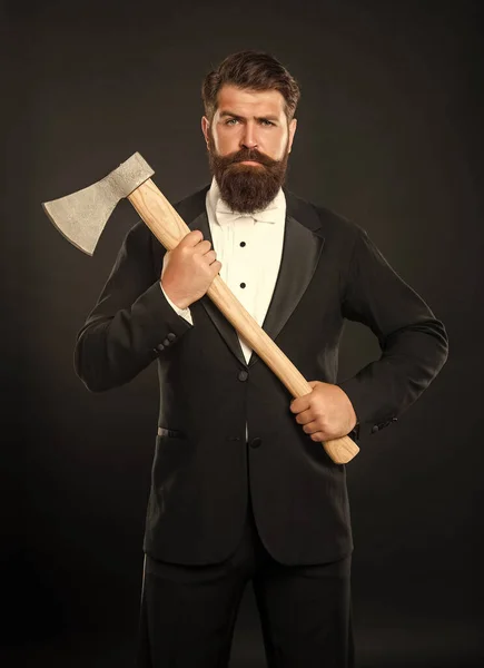 Serious Brutal Man Beard Moustache Formal Suit Holding Axe Dark — Stockfoto