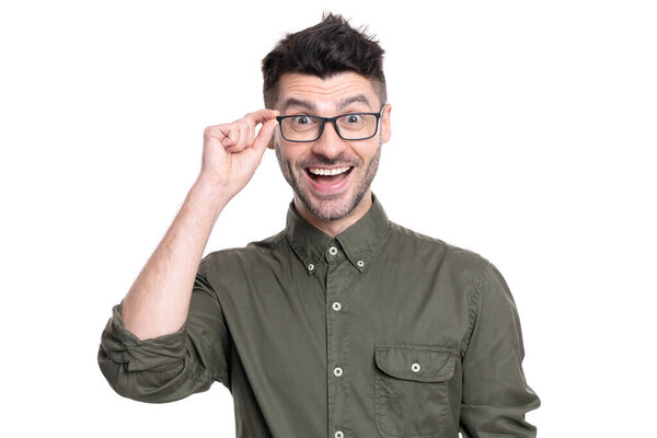 portrait of amazed man boss isolated on white background. boss man portrait in studio. boss in glasses. adult boss man wearing shirt.