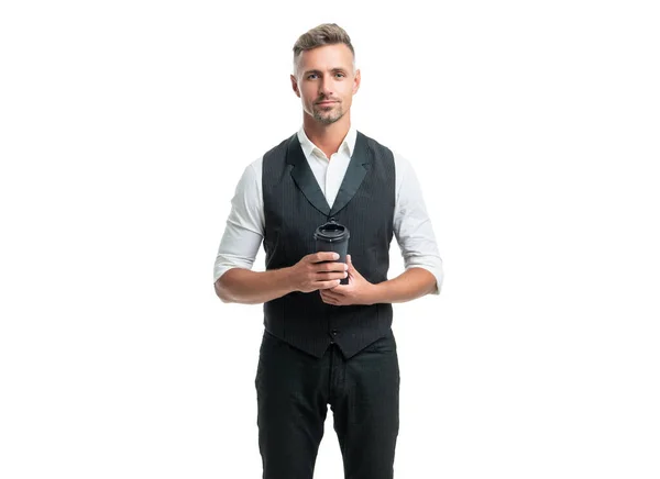 Serious Businessman Suit Vest Holding Disposable Cup Takeaway Coffee Isolated — Stock Photo, Image