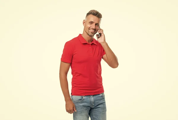 Glücklicher Mann Lässigem Hemd Telefoniert Isoliert Auf Weißem Hintergrund — Stockfoto