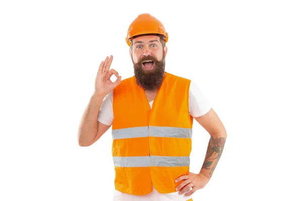 Gelukkige Bebaarde Arbeider Oranje Vest Studio Shot Van Een Werknemer — Stockfoto