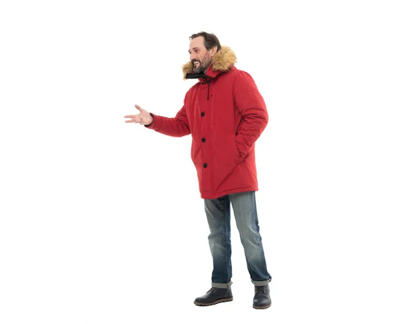 Man Draagt Warme Winterkleding Studio Hallo Gebaar Een Volwassen Man — Stockfoto