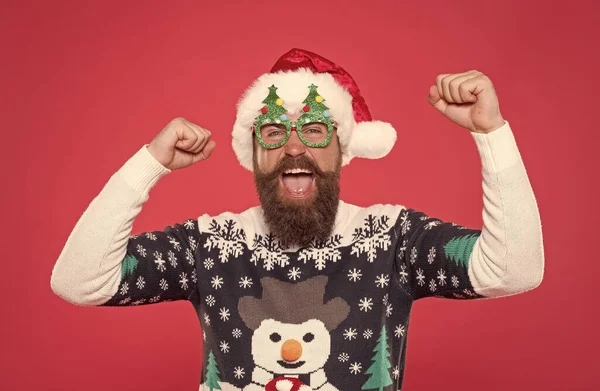Time Celebrate Merry Christmas Bearded Man Sweater Glasses Celebration Prepare — Stock Photo, Image