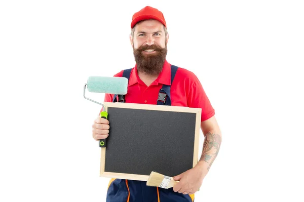 Homem Feliz Pintor Renovação Publicidade Homem Pintor Oferecer Renovação Pintor — Fotografia de Stock