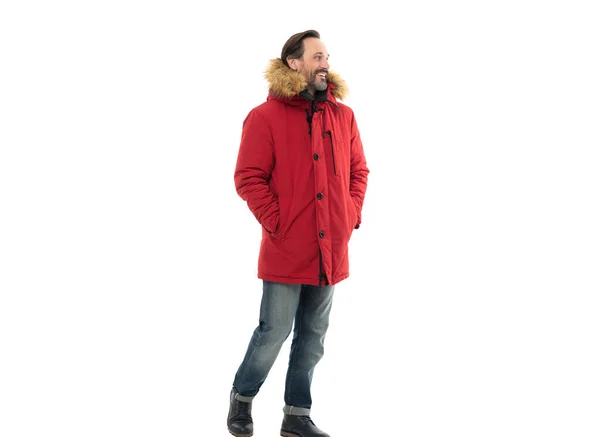 Gelukkig Volwassen Man Winter Outwear Geïsoleerd Witte Achtergrond Een Man — Stockfoto