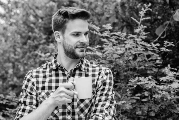 Que Belo Dia Tipo Beber Café Manhã Homem Segurar Copo — Fotografia de Stock