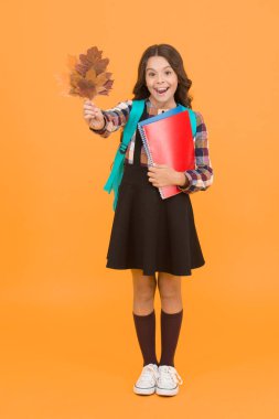 Doğa dersi. Mutlu küçük çocuk biyoloji dersi için sonbahar yapraklarını tutuyor. Ders kitapları ve sarı yapraklarla gülümseyen küçük bir kız. Ders çok eğlenceli olabilir. Okula geri dön..