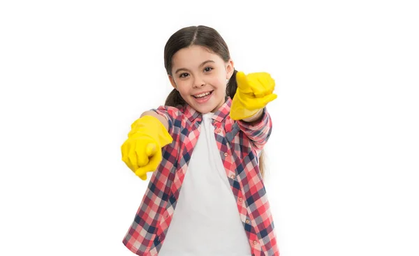 Takarítószerek Lány Gumikesztyű Tisztítására Fehér Háttér Gyerekek Értékelik Tisztaságot Takarítási — Stock Fotó