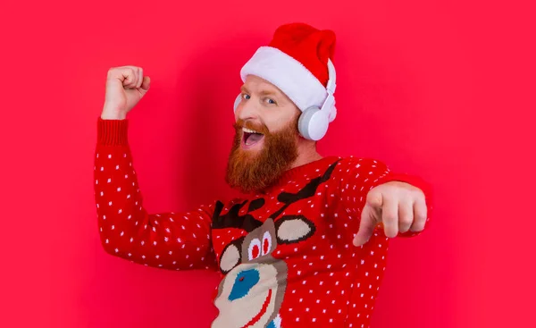 Xmas Music Glad Bearded Man Celebrate Xmas Music Man Headphones — Stock Photo, Image